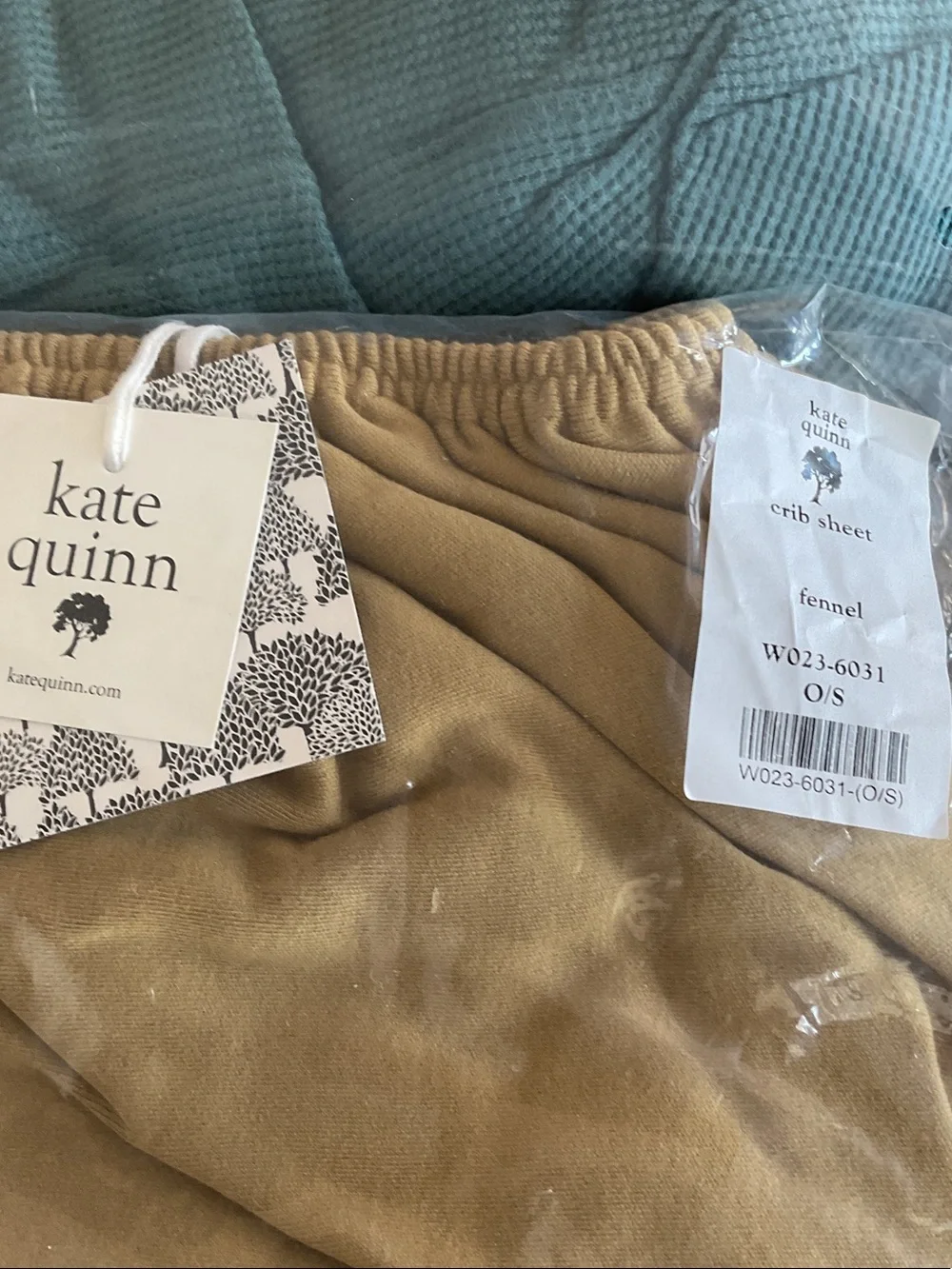 kate quinn Teal and Tan Waffle Knit and Solid Crib Sheets fits on a crib mattr